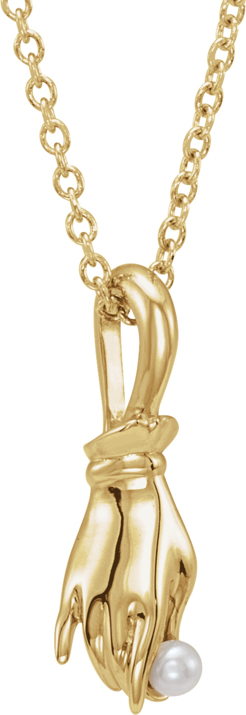 14K Yellow Gold Cultured White Seed Pearl Buddha Hand 16-18" Necklace