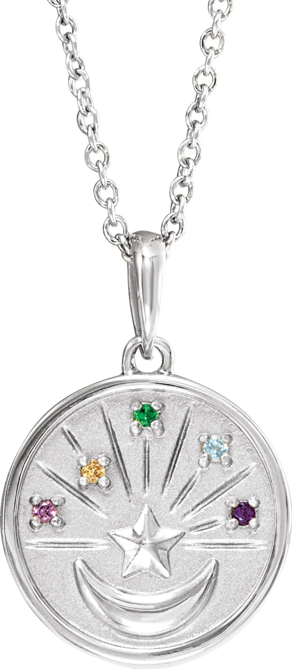 14K White Natural Multi-Gemstone Petite Moon & Star 18" Necklace