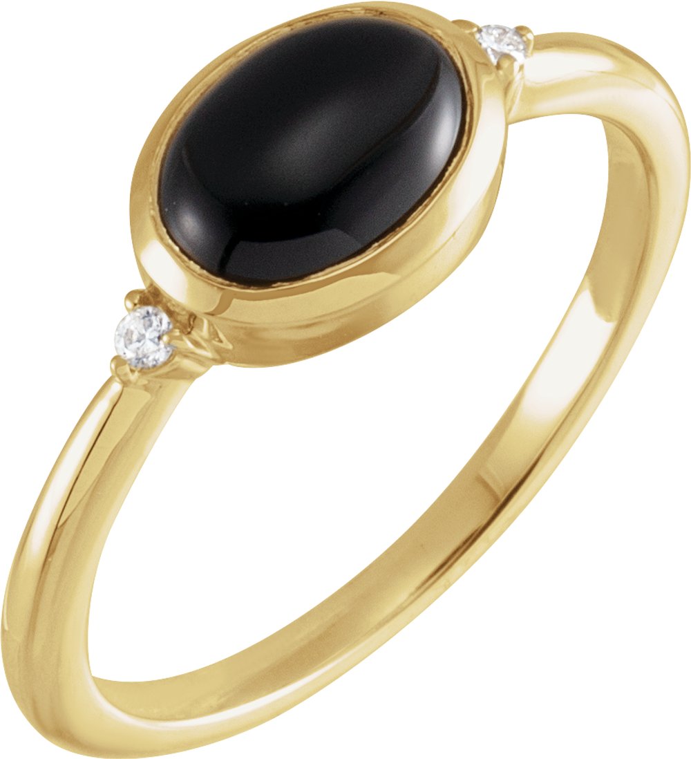 14K Yellow Gold 9x7 mm Round Natural Black Onyx & .03 CTW Natural Diamond Ring
