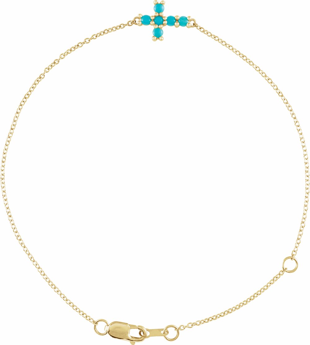 14K Yellow Gold Natural Turquoise Sideways Cross 6 1/2-7 1/2" Bracelet