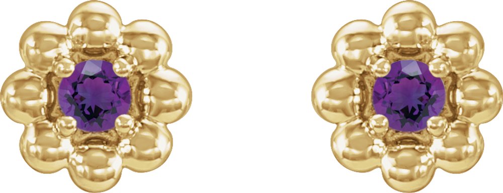 14K Yellow Natural Amethyst Petite Flower Beaded Earrings