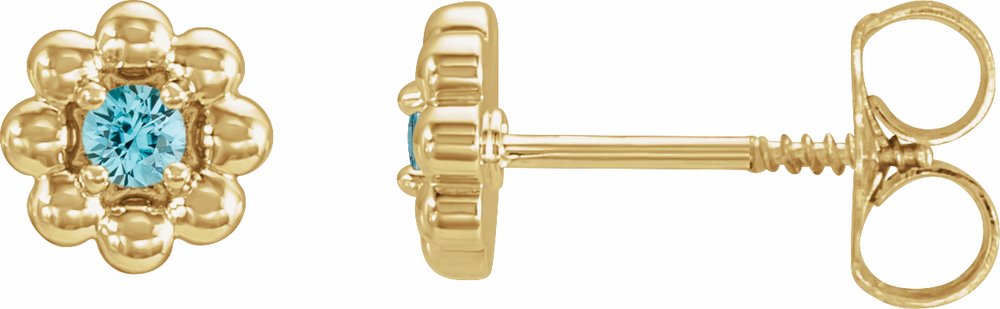 14K Yellow Gold Natural Blue Zircon Petite Flower Beaded Earrings