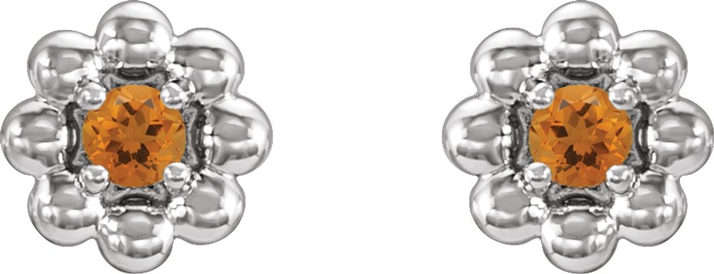 14K White Natural Citrine Petite Flower Beaded Earrings