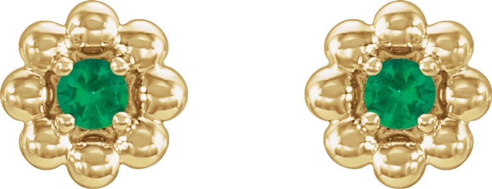 14K Yellow Natural Emerald Petite Flower Beaded Earrings