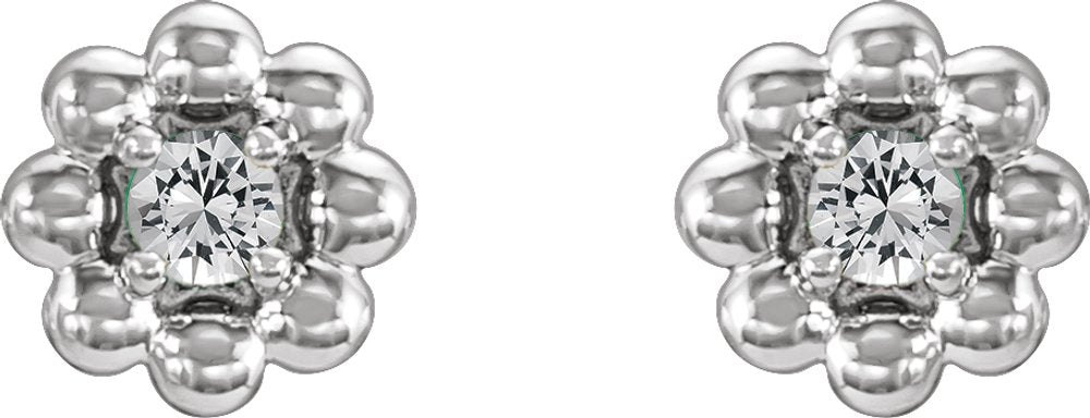 14K White Gold Natural White Sapphire Petite Flower Beaded Earrings