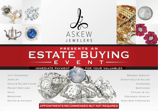Advertisement for Askew Jewelers' estate buying event with jewelry images and text.