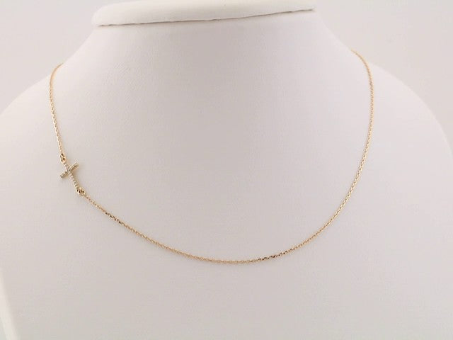 14K Yellow Gold .04 CTW Natural Diamond Off-Center Sideways Cross 16" Necklace