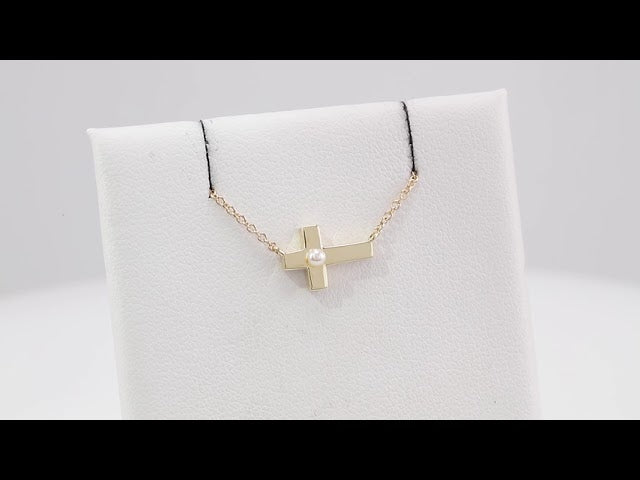 14K Yellow Gold Cultured White Seed Pearl Sideways Cross 16-18" Necklace