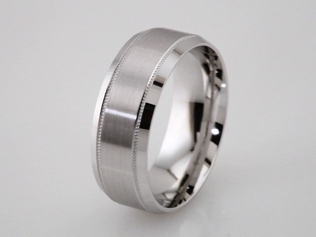 14K White Gold 8 mm Milgrain Beveled-Edge Comfort-Fit Half Round Band Size 9