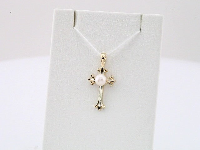 14K Yellow Cultured White Freshwater Pearl Cross Pendant