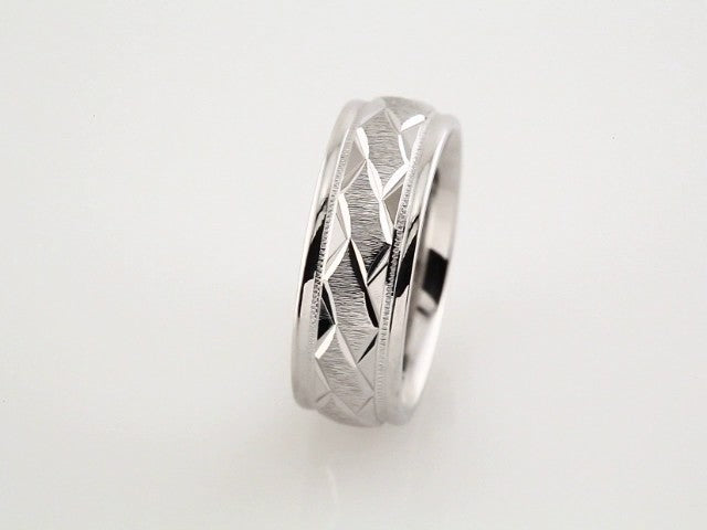 14K White Gold 7 mm Milgrain Edge Geometric Faceted Comfort-Fit Half Round Band