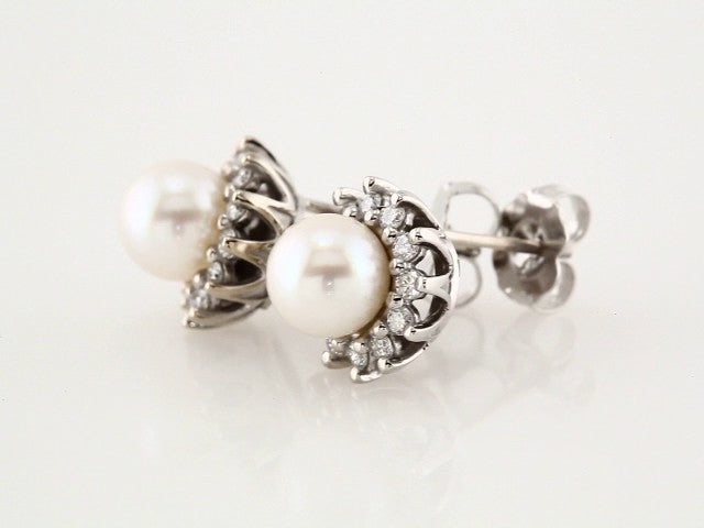 14K White Gold Cultured White Akoya Pearl & 1/3 CTW Natural Diamond Earrings