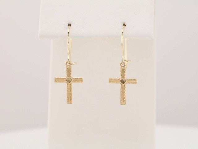 14K Yellow Gold Heart & Cross Earrings