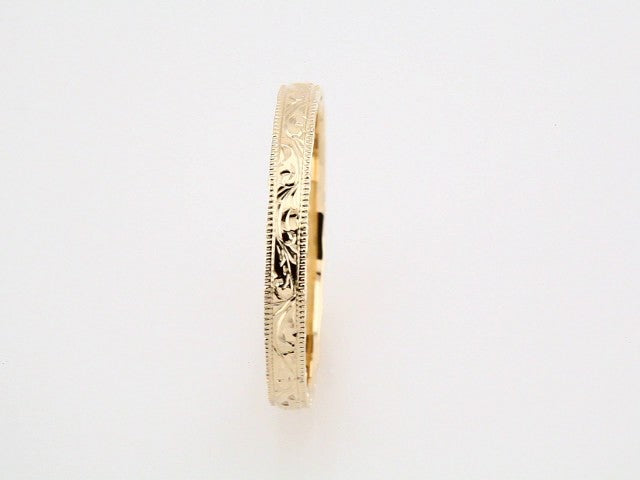 14K Yellow Gold 3 mm Hand-Engraved Milgrain Stepped-Edge Sculptural Half Round Band Size 8