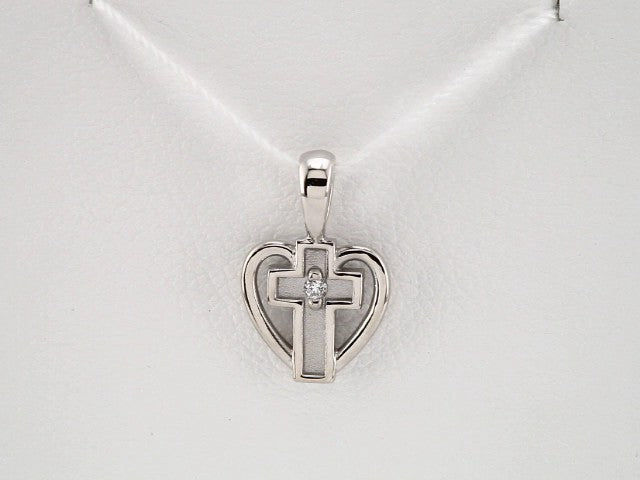 14K White Gold .01 CT Natural Diamond Cross & Heart Pendant