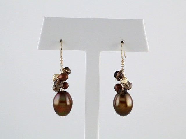 14K Yellow Gold Cultured Dyed Chocolate Freshwater Pearl & Natural Smoky Quartz Earrings