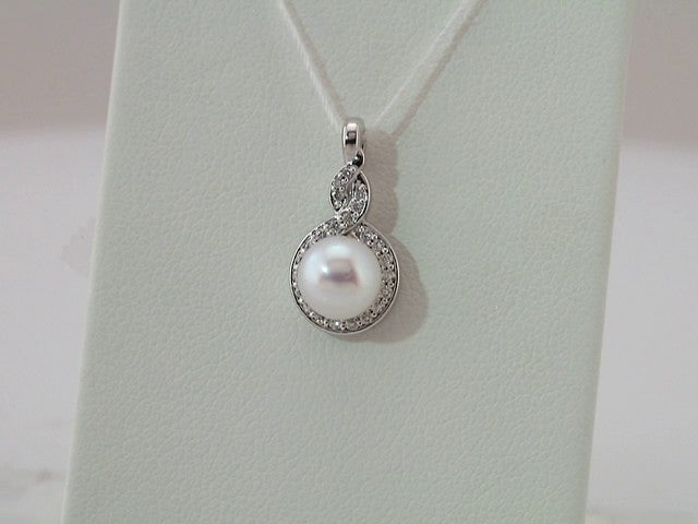 14K White Cultured White Akoya Pearl & 1/10 CTW Natural Diamond Pendant