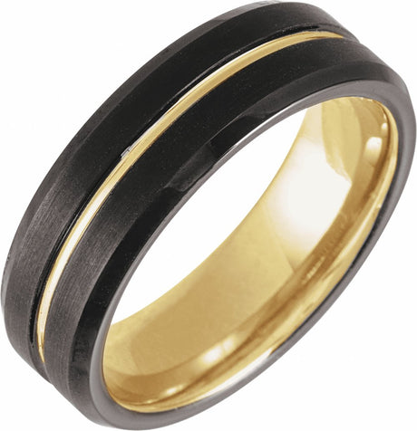 18K Yellow Gold PVD & Black PVD Tungsten 7 mm Grooved Beveled Band Size 7