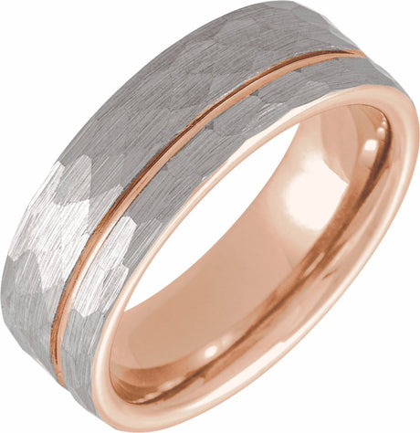 18K Rose Gold PVD Tungsten 8 mm Grooved Comfort-Fit Flat Band Size 7