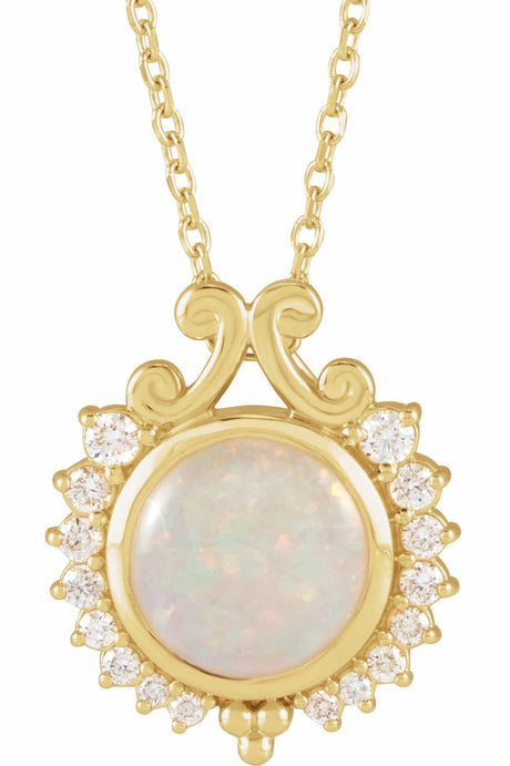 14K Yellow Natural White Opal & 1/6 CTW Natural Diamond 
 16-18" Necklace
