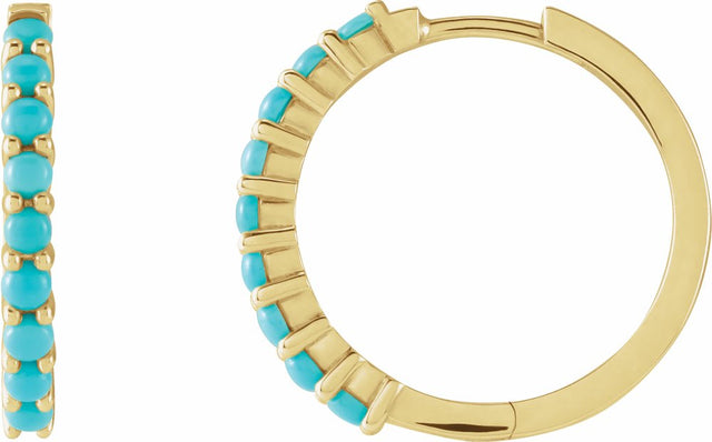 14K Yellow Gold Natural Turquoise Cabochon Hinged 20 mm  Hoop Earrings