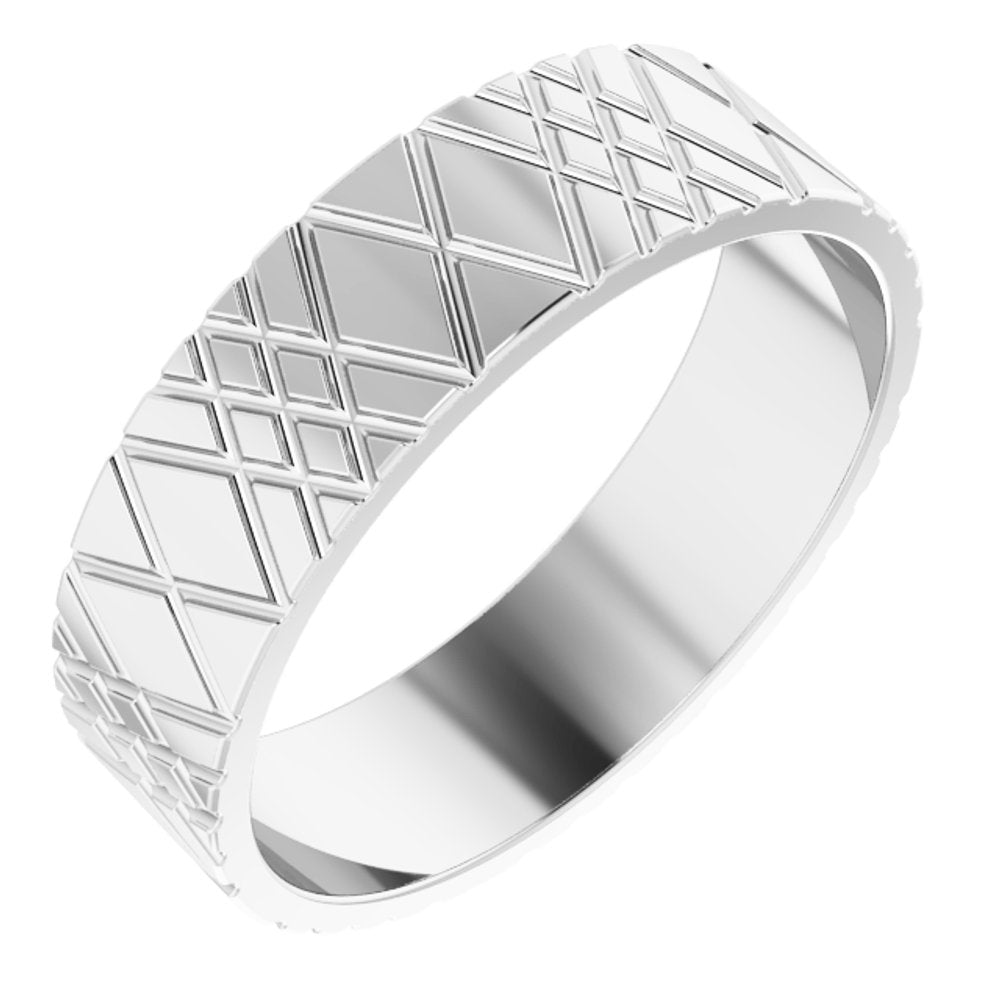 14K White Gold 6 mm Grooved Rhombus Pattern Flat Band Size 10.5