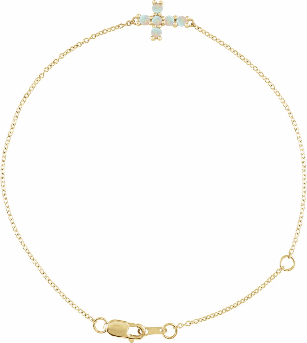 14K Yellow Natural White Opal Sideways Cross 6 1/2-7 1/2" Bracelet