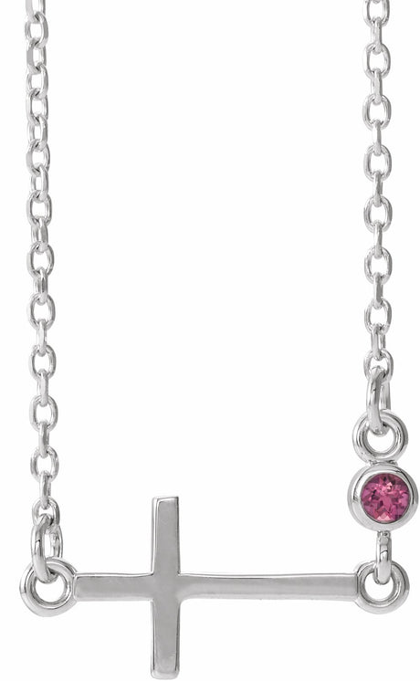 Sterling Silver Natural Pink Tourmaline Sideways Cross 16-18" Necklace