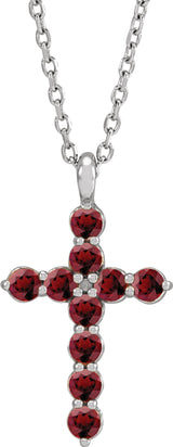 14K White Natural Mozambique Garnet Cross 16-18" Necklace