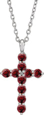 14K White Natural Mozambique Garnet Cross 16-18" Necklace