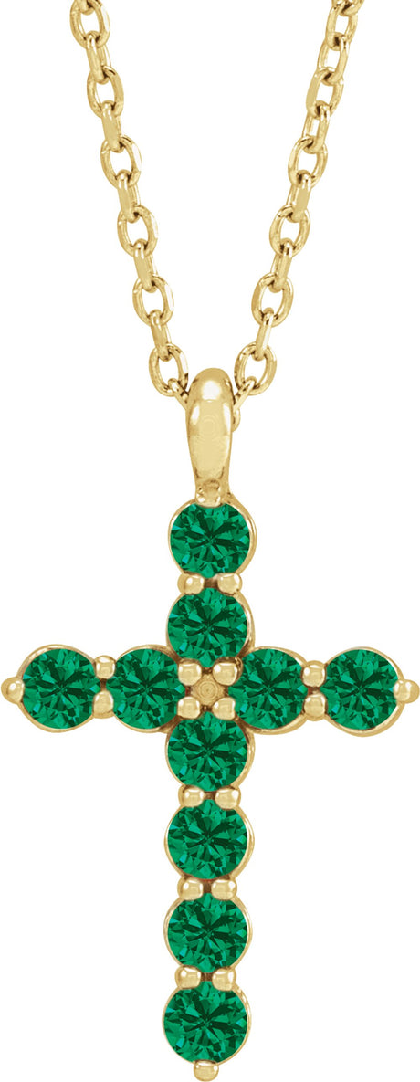 14K Yellow Natural Emerald Cross 16-18" Necklace