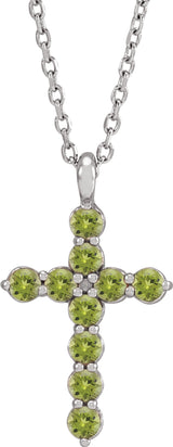 14K White Natural Peridot Cross 16-18" Necklace