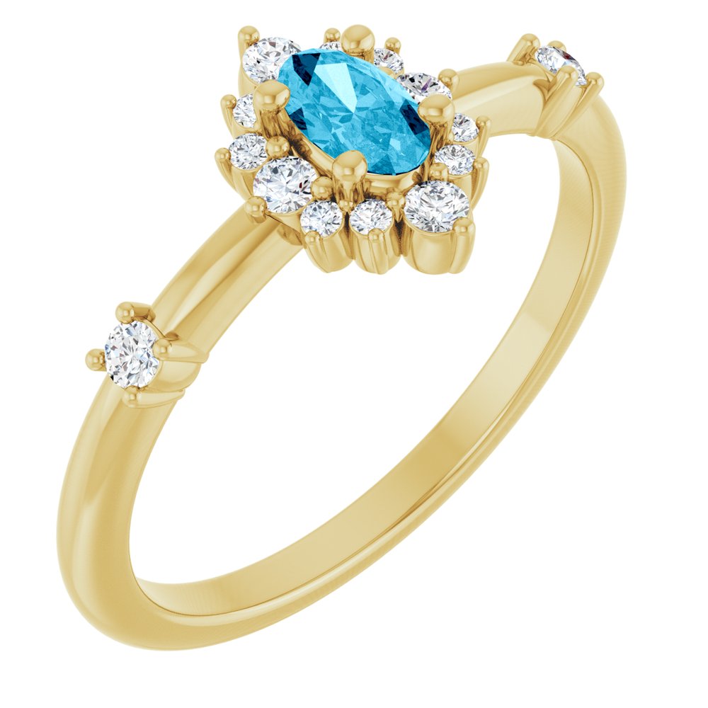14K Yellow Gold Natural Aquamarine & 1/6 CTW Natural Diamond Halo-Style Ring