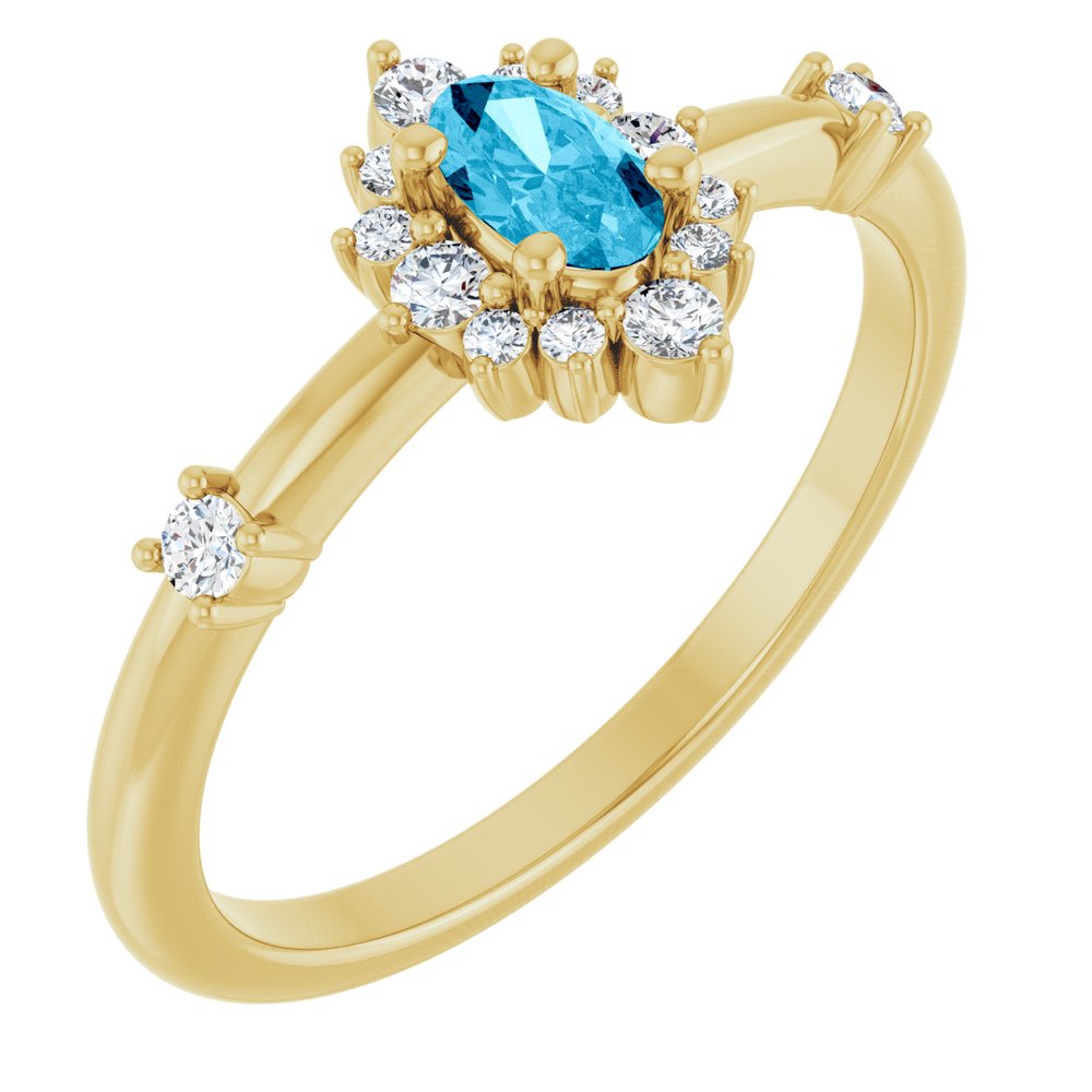14K Yellow Natural Aquamarine & 1/6 CTW Natural Diamond Halo-Style Ring