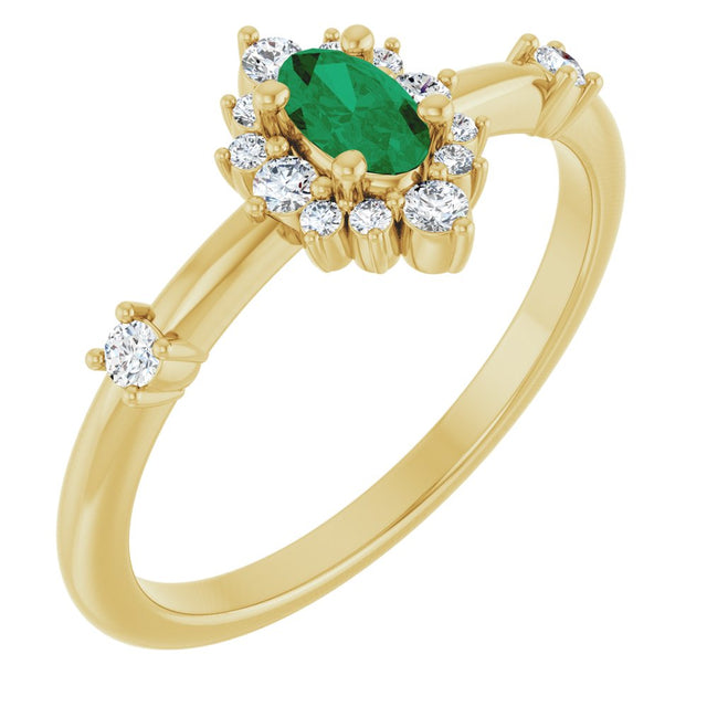 14K Yellow Natural Emerald & 1/6 CTW Natural Diamond Halo-Style Ring