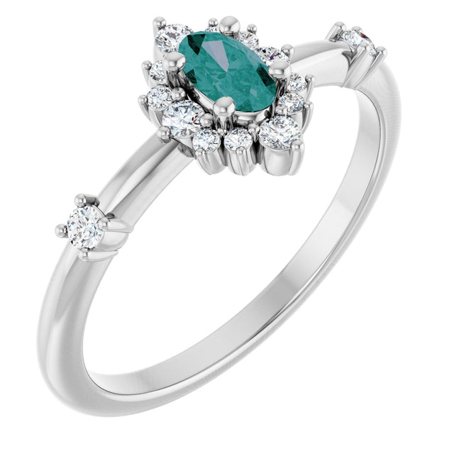 14K White Lab-Grown Alexandrite & 1/6 CTW Natural Diamond Halo-Style Ring