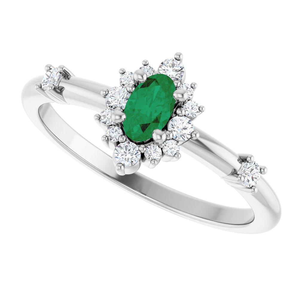 14K White Gold Natural Emerald & 1/6 CTW Natural Diamond Halo-Style Ring