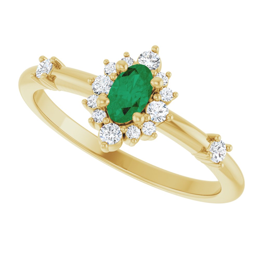 14K Yellow Natural Emerald & 1/6 CTW Natural Diamond Halo-Style Ring