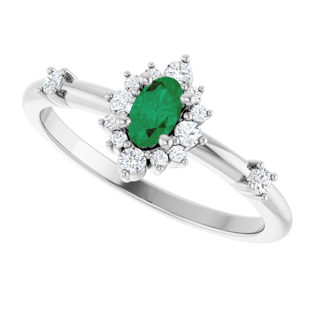14K White Gold Natural Emerald & 1/6 CTW Natural Diamond Halo-Style Ring
