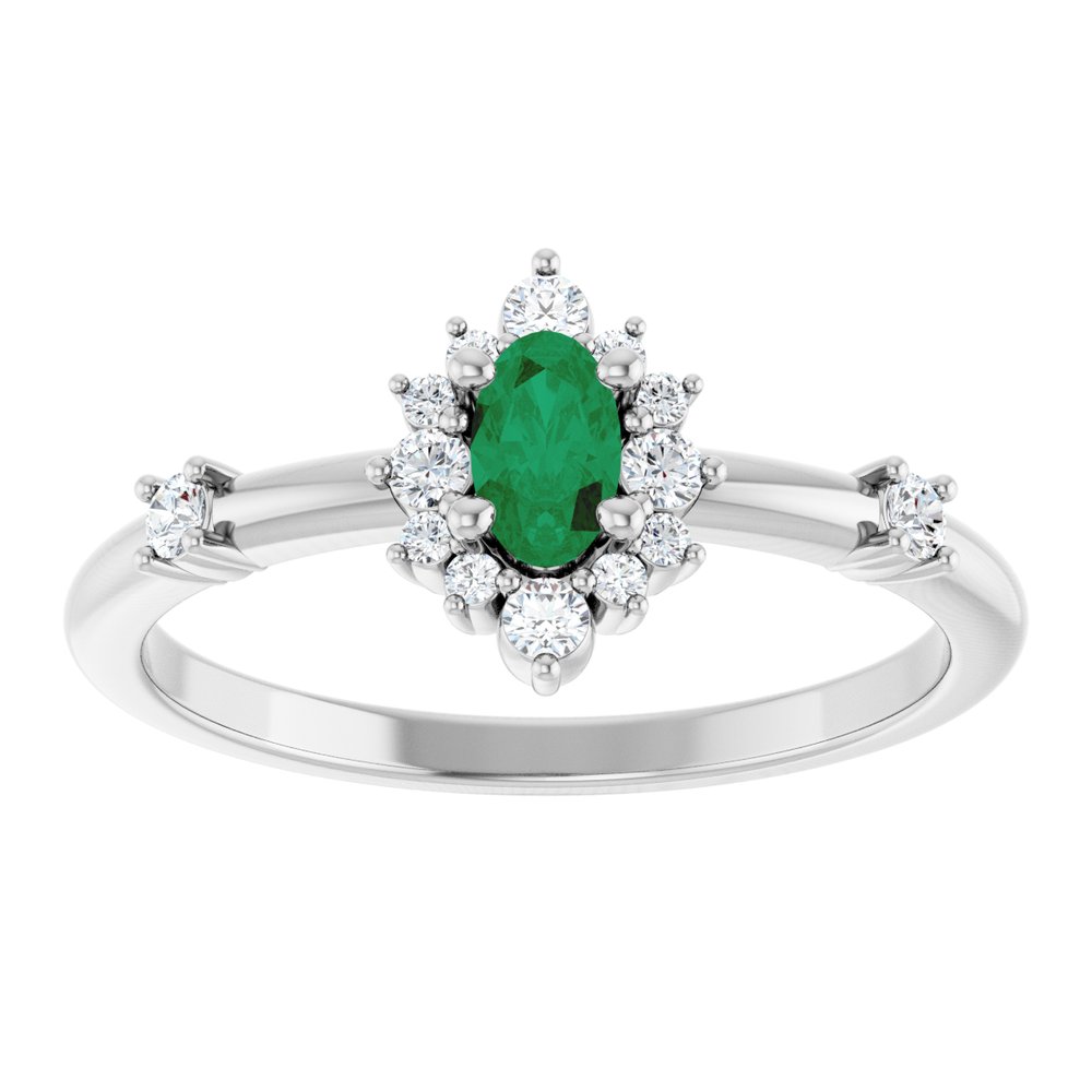 14K White Gold Natural Emerald & 1/6 CTW Natural Diamond Halo-Style Ring