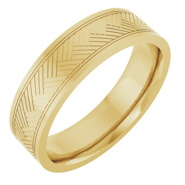 14K Yellow Gold 6 mm Grooved Tread Pattern Comfort-Fit Flat Band Size 10