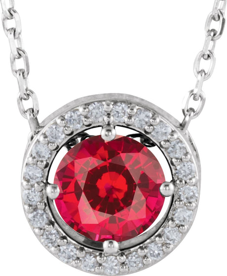 14K White Gold Lab-Grown Ruby & .05 CTW Natural Diamond Halo-Style 16" Necklace