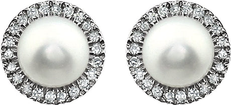 14K White Gold Cultured White Freshwater Pearl & 1/8 CTW Natural Diamond Earrings