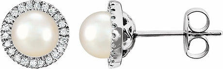 14K White Gold Cultured White Freshwater Pearl & 1/8 CTW Natural Diamond Earrings