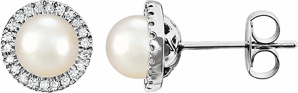 14K White Gold Cultured White Freshwater Pearl & 1/8 CTW Natural Diamond Earrings