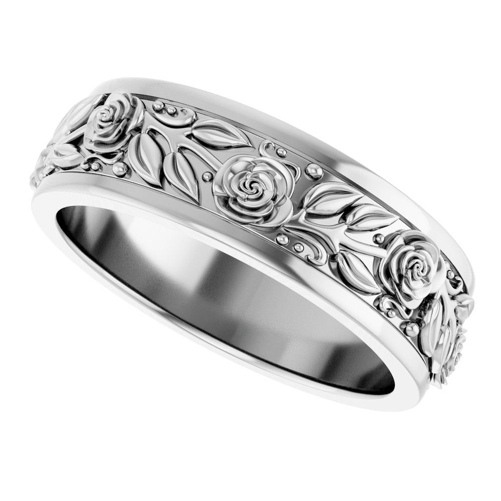 Sterling Silver 7 mm Floral Flat Band Size 10