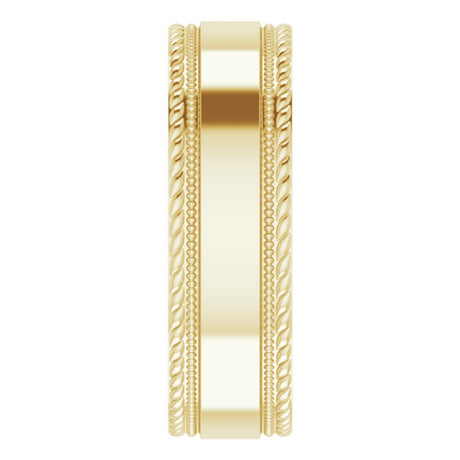 14K Yellow 7 mm Milgrain & Rope Stepped-Edge Comfort-Fit Flat Band
