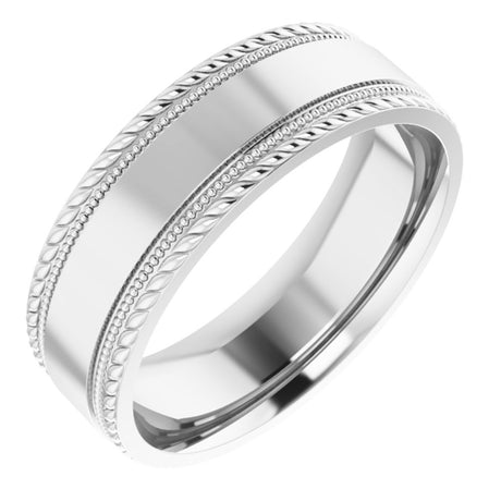 14K White Gold 7 mm Milgrain & Rope Stepped-Edge Comfort-Fit Flat Band Size 10