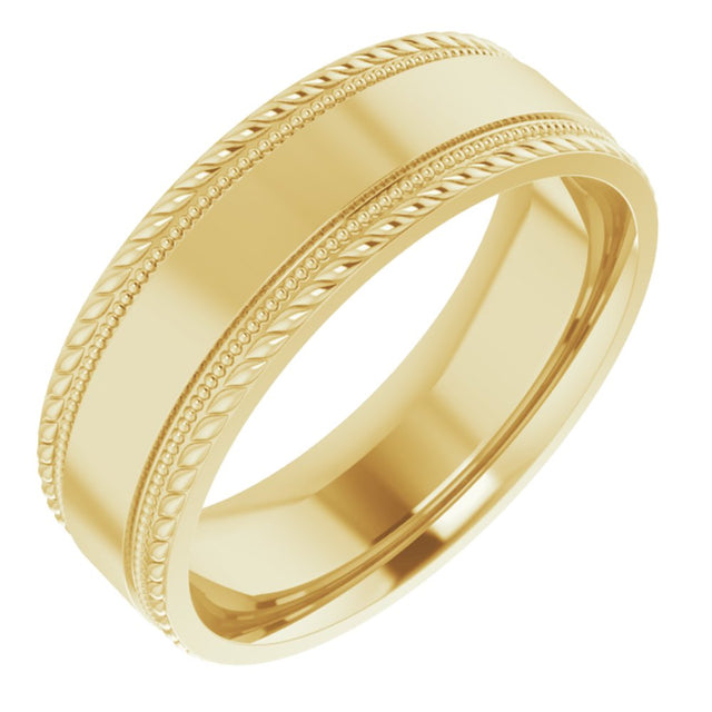 14K Yellow 7 mm Milgrain & Rope Stepped-Edge Comfort-Fit Flat Band Size 8