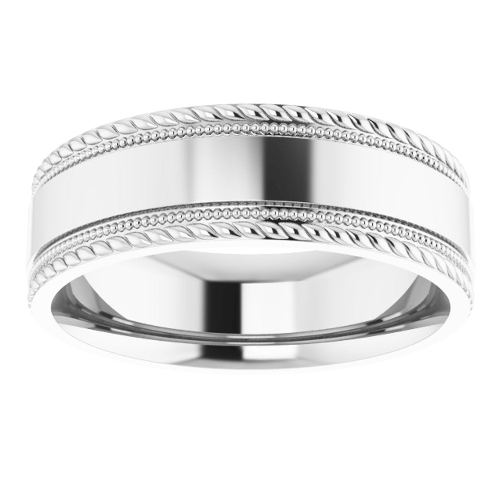 14K White Gold 7 mm Milgrain & Rope Stepped-Edge Comfort-Fit Flat Band Size 10